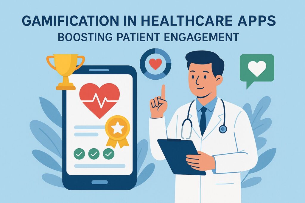 Gamification in healthcare apps illustration with doctor, mobile health tracking, rewards, and patient engagement icons