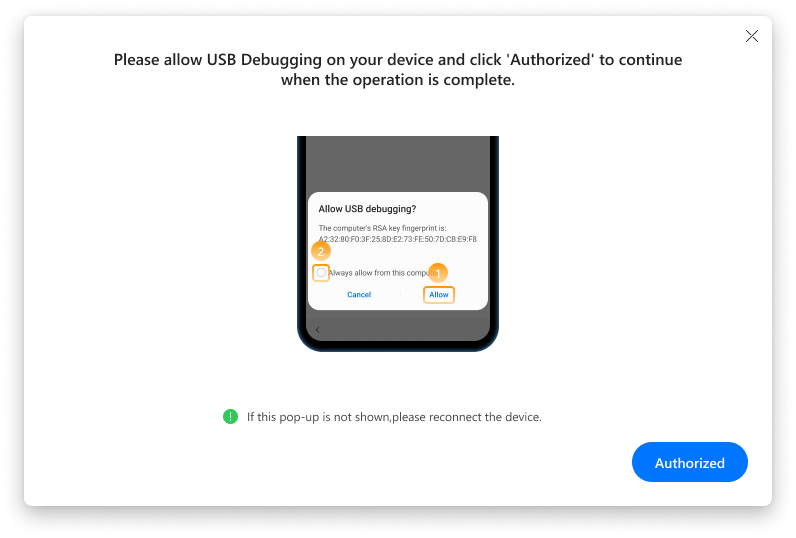 "Emergency Call" on your phone, enter the code, and allow USB debugging when prompted. Then, confirm "Authorize" on your PC.