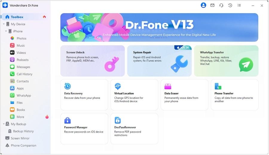 Launch Wondershare Dr.Fone, connect the device, and select "Toolbox > Screen Unlock.