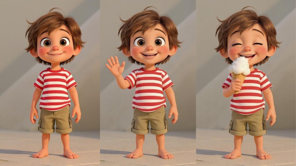 Boy character pose variations in a striped shirt.