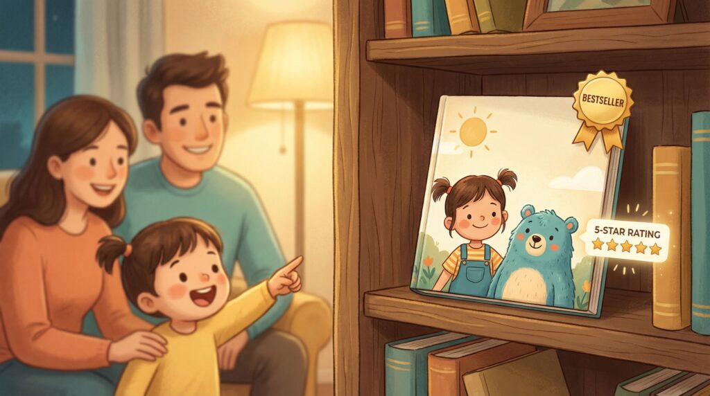Family choosing a bestselling picture book with 5-star rating.