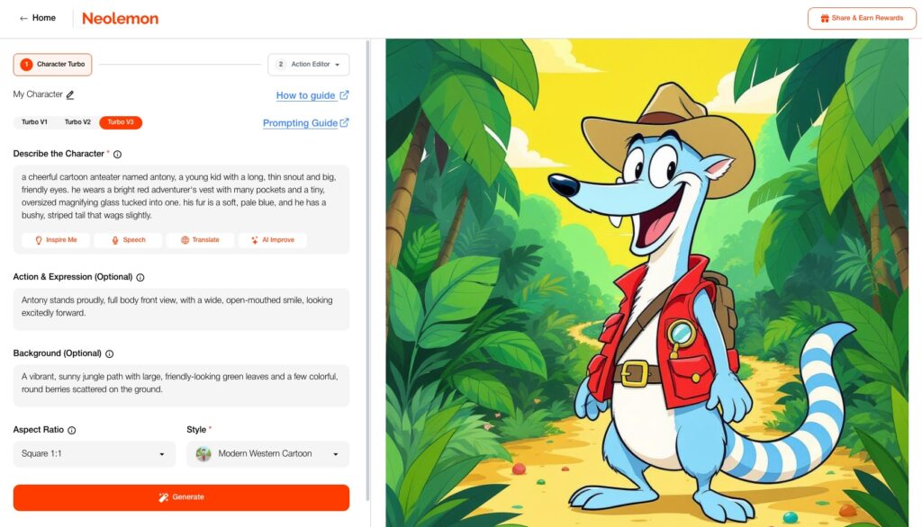 Neolemon Character Turbo interface with anteater character preview.