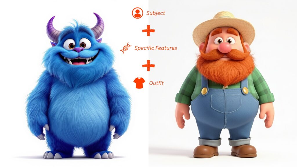 Prompt formula: subject + features + outfit examples.