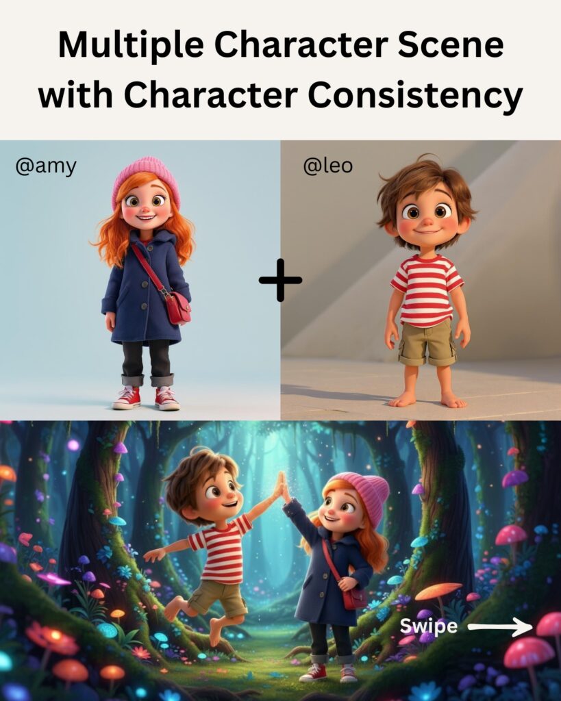 Consistent multi-character scene example (Amy and Leo).