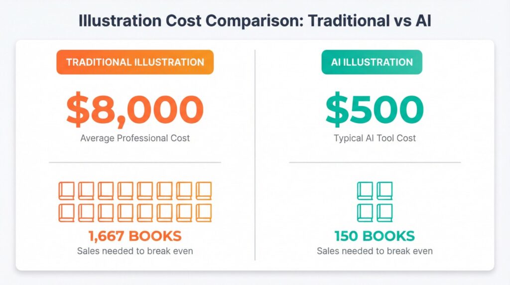 Illustration cost comparison: traditional vs AI ($8,000 vs $500).