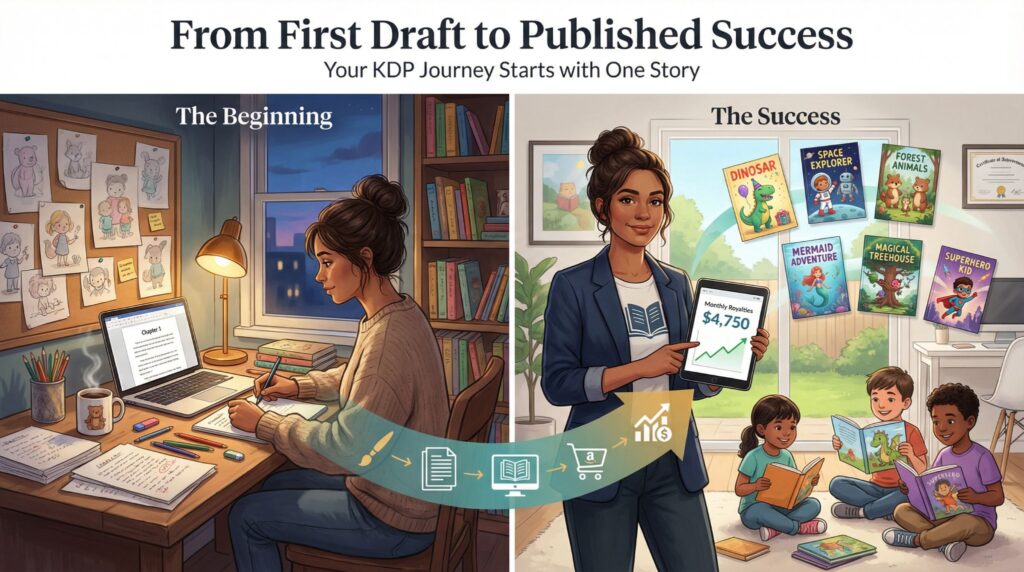 KDP journey infographic from draft to published success.