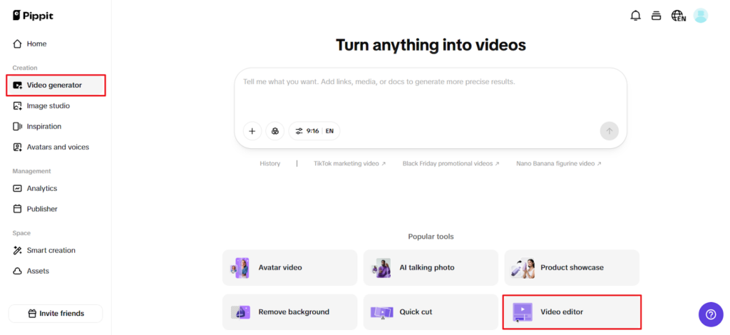 Step 1 Pippit video generator