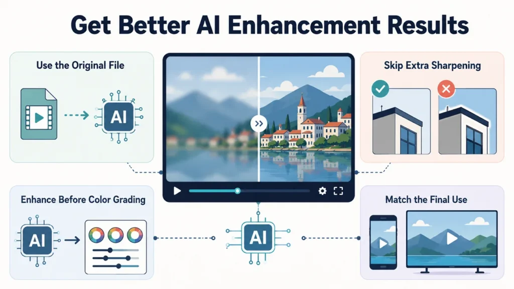 Four tips for better AI video enhancement results, from source file to final use