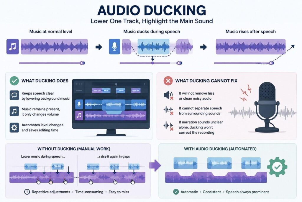 Common audio ducking use cases, including tutorials, interviews, podcasts, product demos, vlogs, and training videos