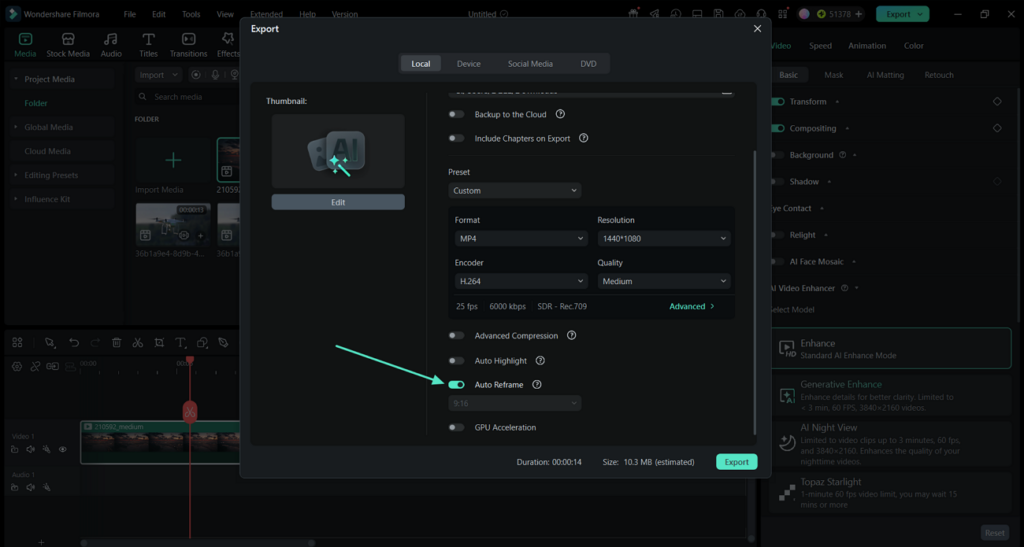Auto Reframe turned on in the Filmora export window to change aspect ratio