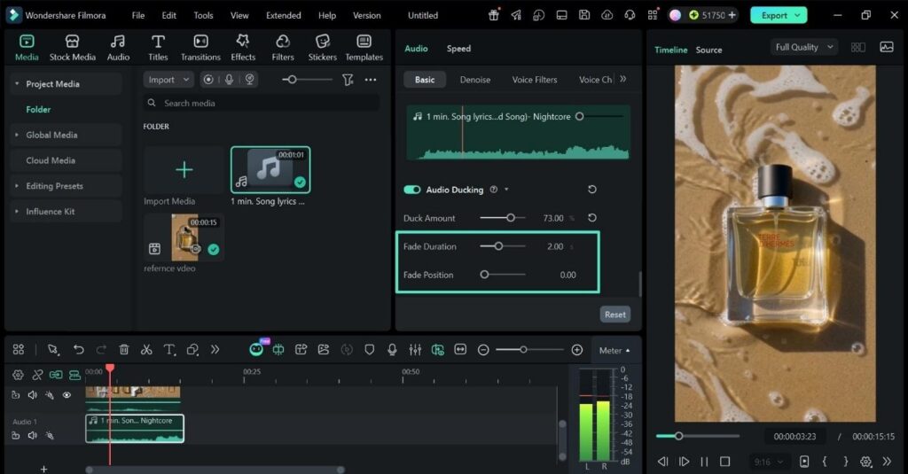 Duck Amount slider set to 50 percent in Filmora audio ducking settings