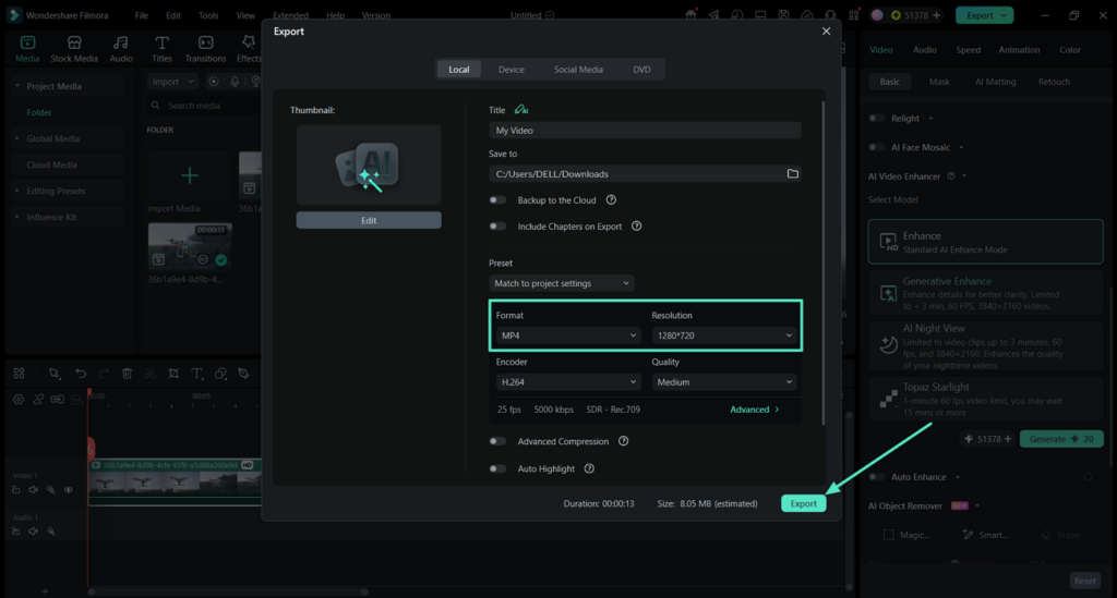 Filmora export window with MP4 format and resolution set for the enhanced clip