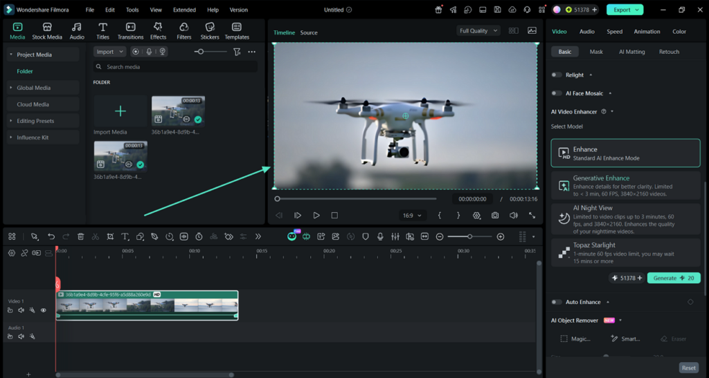 Enhanced drone footage previewed in Filmora after the AI enhancement pass