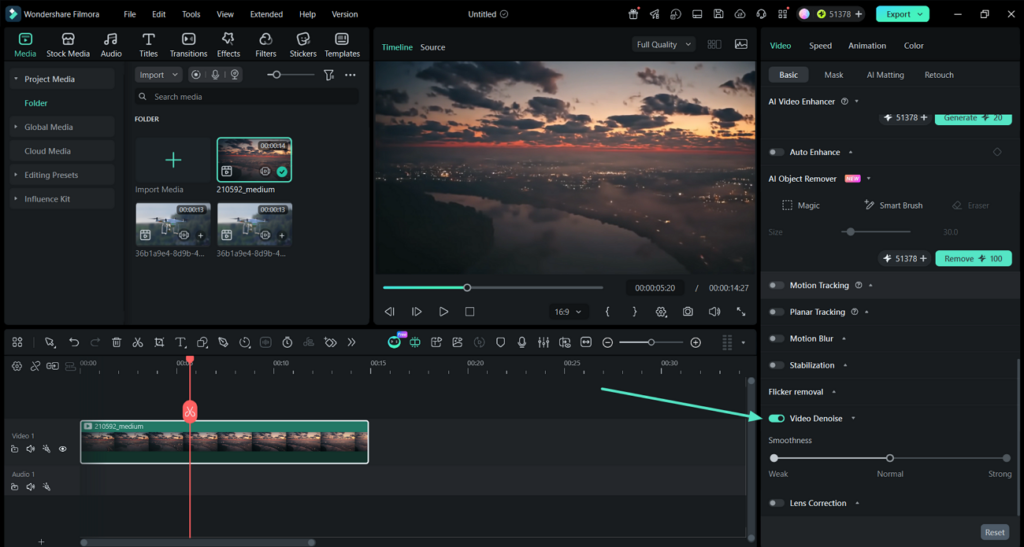 Video Denoise enabled with the smoothness slider in Filmora