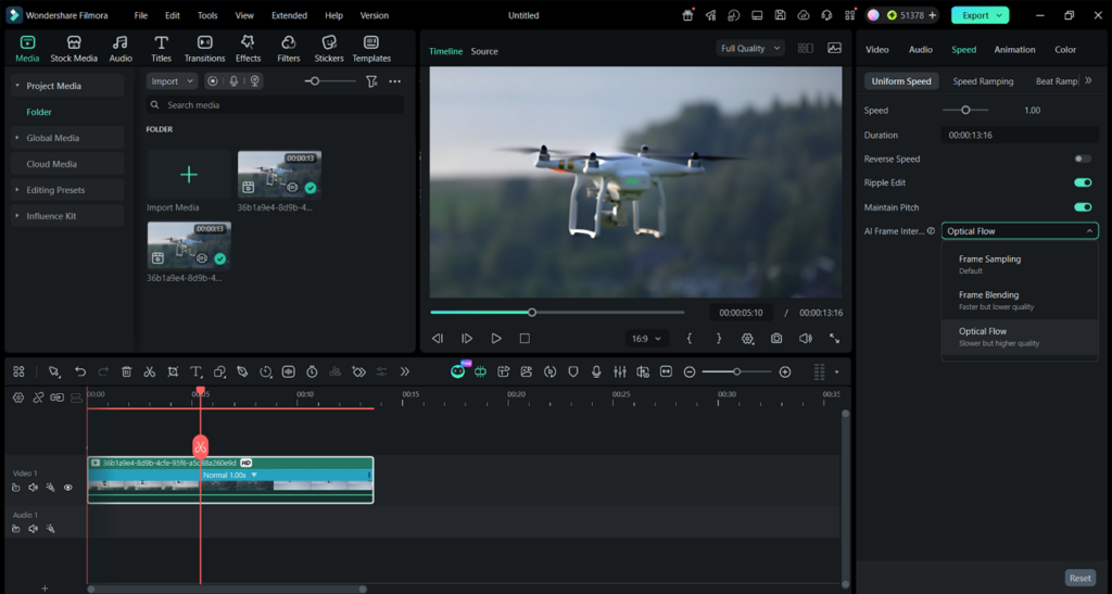 Optical Flow frame interpolation selected for smooth slow motion in Filmora