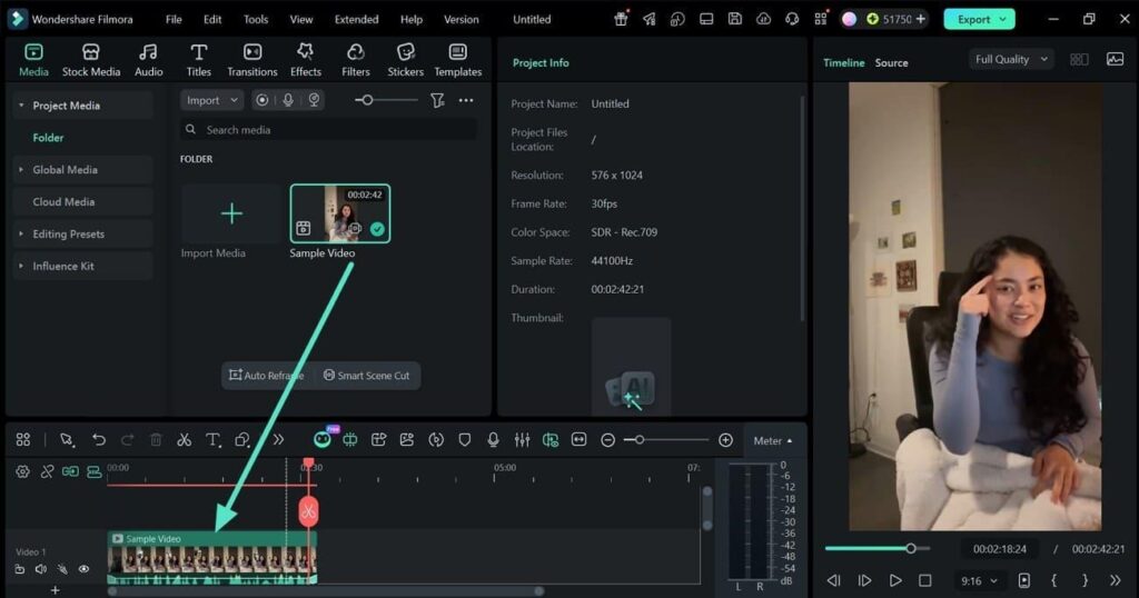Importing a video and dragging it to the Filmora timeline before captioning