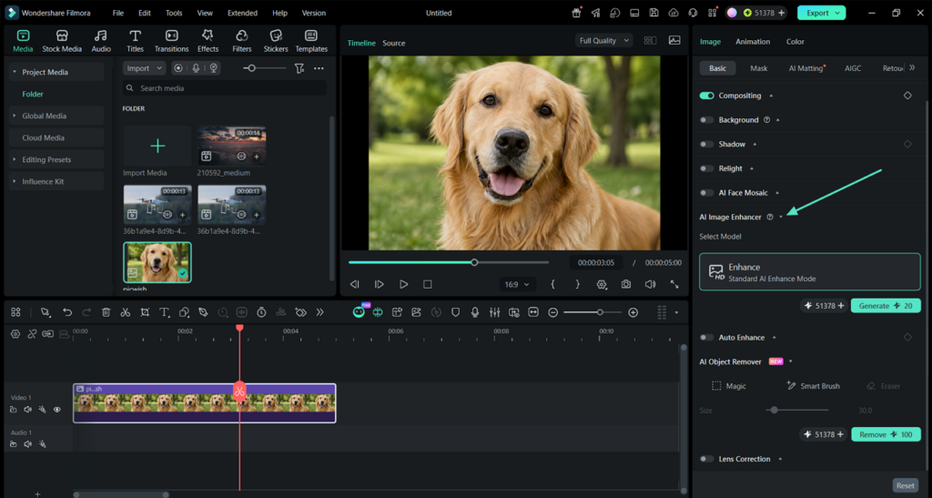 AI Image Enhancer applied to a photo in Filmora, separate from the video enhancer