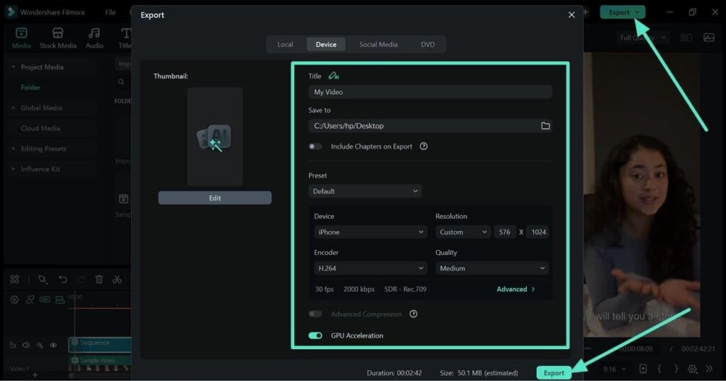 Filmora export settings with resolution, encoder and quality for a captioned video