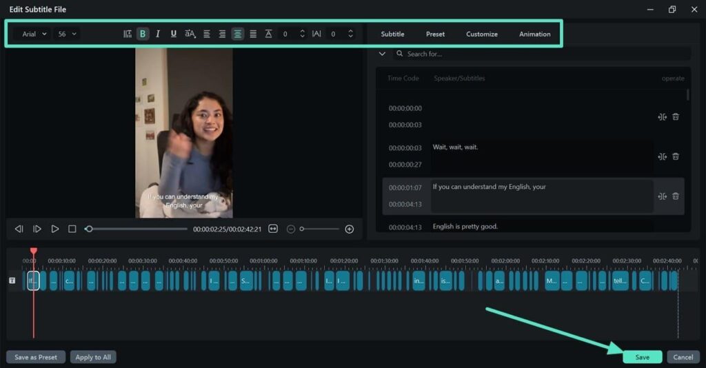 Reviewing and styling generated caption lines in the Filmora subtitle editor