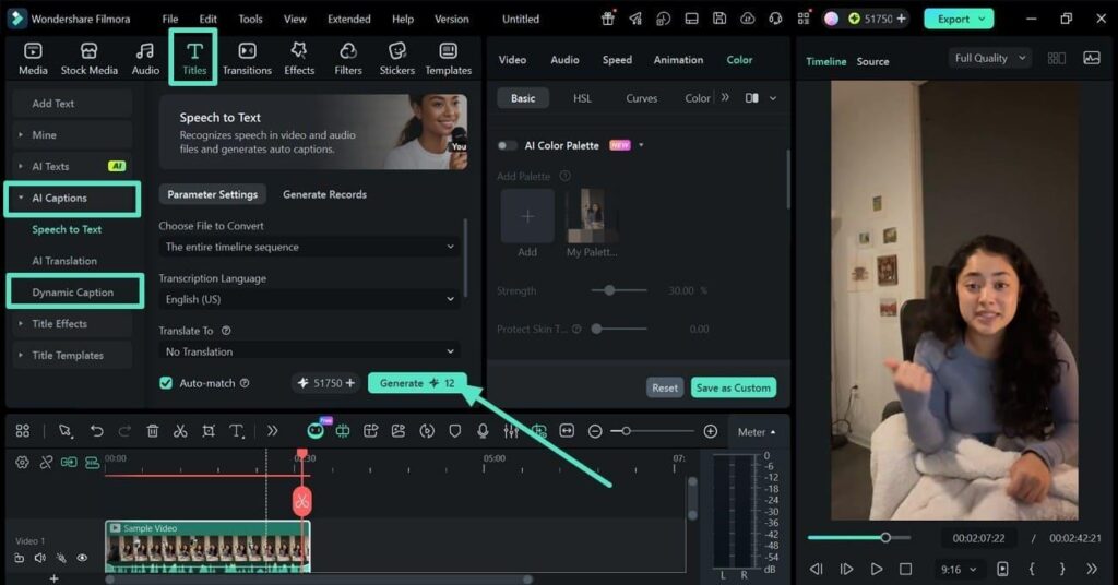 Dynamic Caption settings in Filmora with transcription language selected