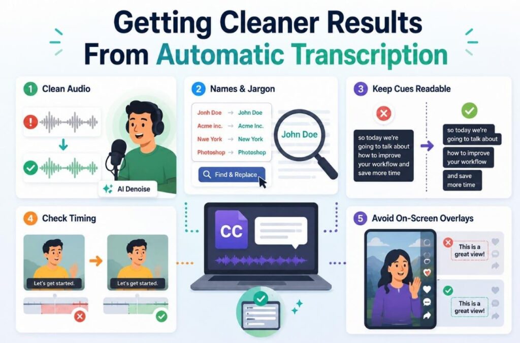 Five tips for cleaner automatic transcription, from clean audio to cue timing