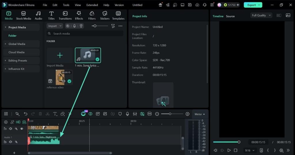 Voiceover and background music placed on separate tracks in the Filmora editing timeline