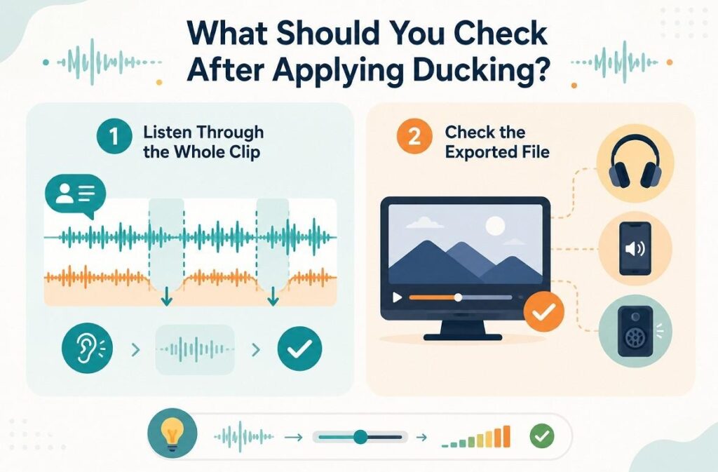 Audio ducking review checklist for listening through the full clip and testing the exported video