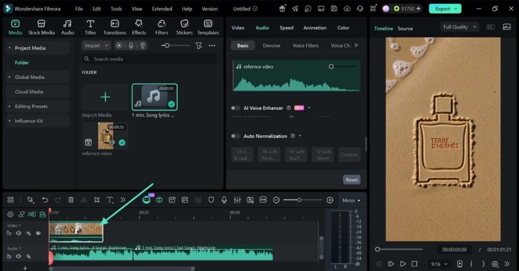 Voiceover clip selected in the Filmora timeline before enabling audio ducking