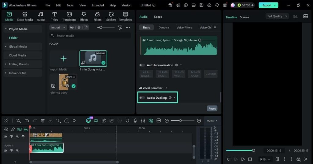 Audio Ducking toggle enabled in the Filmora audio settings panel