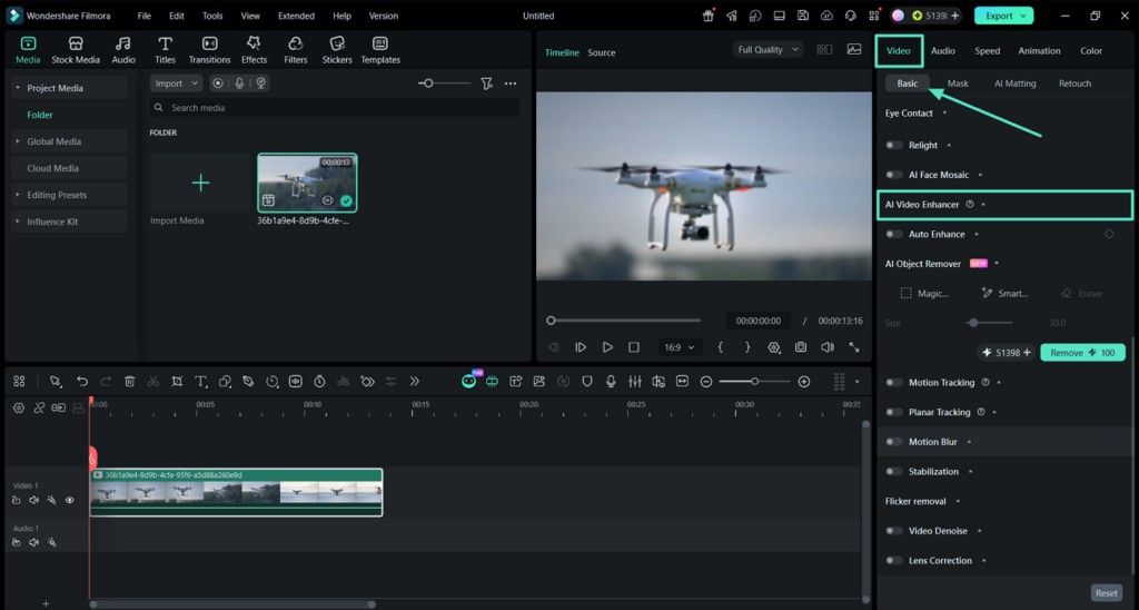 AI Video Enhancer section under the Basic tab in Filmora's video settings