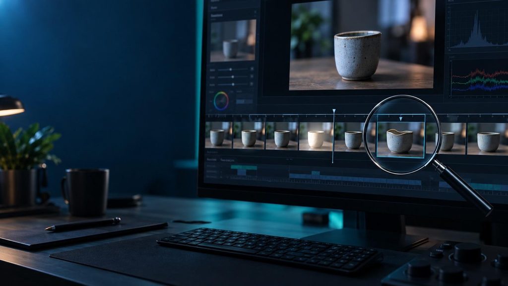Frame-by-frame inspection of an AI-generated video to find flicker and shape distortion