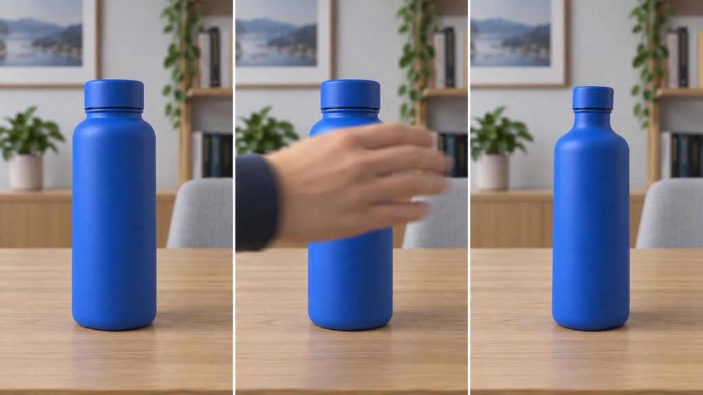AI-generated video frames showing a bottle changing shape after a hand briefly covers it